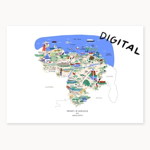 Puede incluir: Mapa ilustrado y colorido de Venezuela con la palabra "DIGITAL" en negro. El mapa presenta varios puntos de referencia, flora y fauna, con el texto "PAISAJES DE VENEZUELA" y el nombre del artista en la parte inferior.