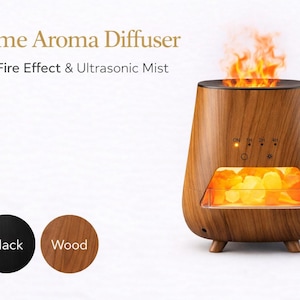 May include: Flame Aroma Diffuser with LED fire effect and ultrasonic mist. The wood-grain diffuser has a flame-like effect and a rectangular window with a glowing light. Available in black or wood.