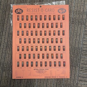 May include: An orange Resist-O-Card displaying 74, 1-watt resistors. The card shows a balanced assortment of resistors with values such as 120, 150, and 180. The text "RETMA COLOR CODE" is also visible.