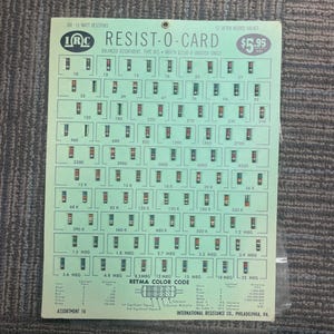 May include: A Resist-O-Card assortment of 100 1/2 watt resistors. The card displays a grid of resistors, each a small rectangular component. The card includes the text "Resist-O-Card" and "Balanced Assortment". Measurements are in watts.