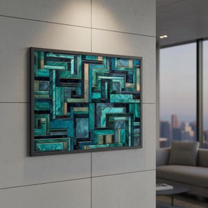 Könnte beinhalten: Abstrakte geometrische Wandkunst in Türkis-, Blau- und Goldtönen. Das Kunstwerk ist in einem schwarzen rechteckigen Rahmen gerahmt und weist ein mosaikartiges Design mit verschiedenen rechteckigen und quadratischen Formen auf. Das Stück ist an einer hellgrauen Wand befestigt.