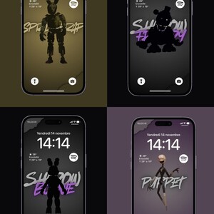 Peut inclure: Quatre écrans de smartphone affichant des illustrations de personnages de jeu vidéo. Chaque écran présente un personnage différent avec le nom du jeu. L'heure est 14h14 et la date est le vendredi 14 novembre.