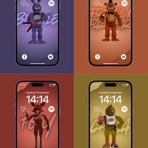 Op de afbeelding: Vier smartphoneschermen met wallpapers met personages. Elk scherm toont een ander personage, de tijd 14:14, weersdetails en het Spotify-logo. De achtergronden zijn paars, oranje, rood en goud.