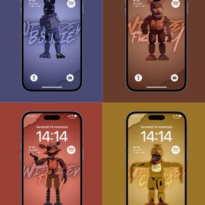 May include: Four smartphone lock screens featuring stylized character illustrations. Each screen displays the time, date, and weather information. The characters include a purple bunny, a brown bear, a red fox, and a yellow chicken.