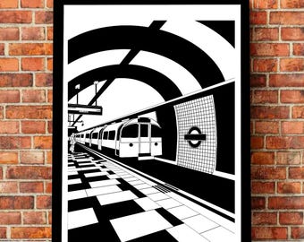 London Underground original physical Digital Print – Minimalist Station digital Illustration, Bold Graphic Wall Art.