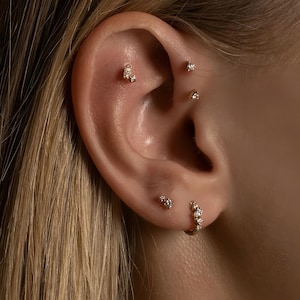 May include: Close-up of an ear adorned with multiple gold earrings. The earrings feature small, sparkling gemstones in various designs, including studs and a hoop. The ear is set against a blurred background, highlighting the jewelry.