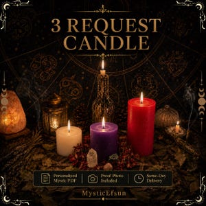 May include: A collection of candles including a tall thin candle, a white pillar candle, a purple pillar candle, and a large red pillar candle, all lit. The text 3 REQUEST CANDLE is displayed above, with MysticEfsun and service icons below.