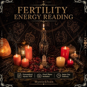 May include: A display featuring the text FERTILITY ENERGY READING with multiple lit candles in red, orange, and white, a central glass bottle, a clear crystal point, and a dark background with gold zodiac symbols and mystical decorative elements.