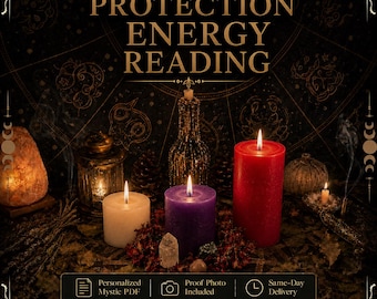 May include: A dark background features the text PROTECTION ENERGY READING and MysticEfsun. Three pillar candles in white, purple, and red are lit, surrounded by a salt lamp, a lantern, pinecones, crystals, and dried leaves on a dark surface.