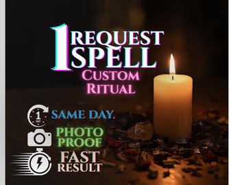 May include: A lit, cream-colored candle with a bright flame, set against a dark background. Text reads "Request Spell, Custom Ritual," with additional text and icons indicating same-day service, photo proof, and fast results. Scattered rose petals.