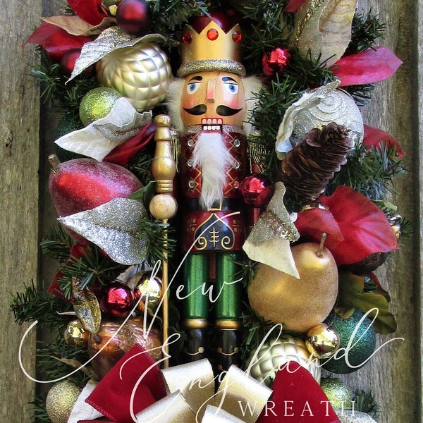 Nutcracker Swag, Christmas Wreath, Elegant Holiday Decor, Jeweled Fruit, Designer, Whimsical, Williamsburg, Ornaments, Poinsettia, Cranberry