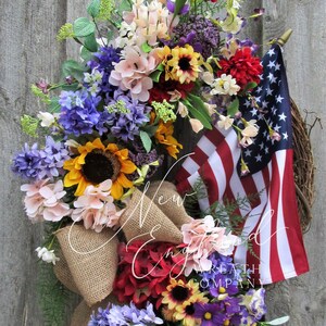 Patriotic Flag Wreath, Memorial Day, 4th of July, Farmhouse, Summer, Spring Floral, Front Porch Décor, Lilacs, Sunflower, Hydrangea, XL