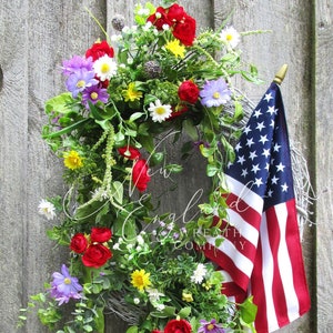 Patriotic front door wreath, Red white blue porch decor, Memorial Day flag wreath, 4th of July floral wreath, Farmhouse patriotic decor