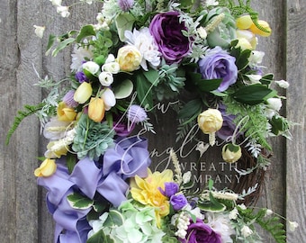 Elegant Floral Wreath, Spring, Easter, Victorian Garden, Designer, Cottage, Front Porch, Country French, Purple, Yellow, Luxury, Upscale
