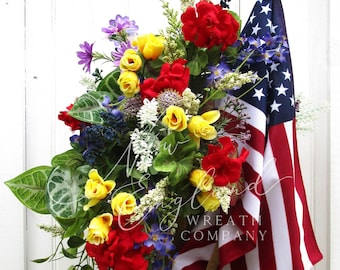 Elegant Patriotic Wreath, Bouquet, Floral, 4th of July, Geraniums, Designer Swag, Upscale Decor, Wall Basket, Summer, Memorial, Military