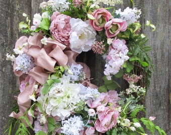 Spring Floral Wreath, Elegant Easter Decor, Designer, Pale Pink, XL Luxury, Upscale, Victorian Garden, Country French, Hydrangea, Peonies