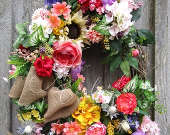 Elegant Floral Wreath, Spring, Front Porch Decor, Summer, Garden, Country French, Designer, XL, Luxury, Upscale. Farmhouse, Hydrangea