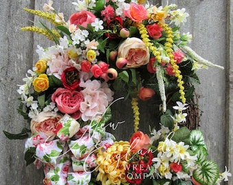 Elegant Floral Wreath, Spring, Victorian, Summer, Garden, Front Porch, Everyday, Roses, Peach, Country French, XL, Luxury, Upscale, Designer