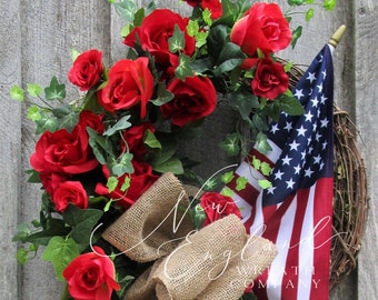 American Flag Wreath, Elegant Patriotic, Memorial Day, Floral, Americana, Military, 4th of July, Red Roses, Farmhouse Decor, Country Cottage