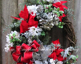 Elegant Christmas Wreath, Designer Holiday Wreath, Poinsettia Wreath, Red Silver Christmas Wreath, XL Holiday Door Wreath, Frosted Wreath