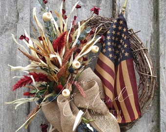 Patriotic Wreath, Americana Decor, Tea Stained Flag, Military, 4th of July, Memorial Day, Farmhouse, Woodland, Rustic, Primitive, Country