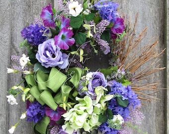 Elegant Floral Wreath, Spring Decor, Easter, Everyday, Front Porch, Victorian Garden, Country French, Designer Purple, Lilacs, Hydrangea