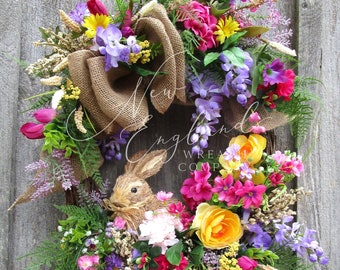 Bunny Wreath, Elegant Easter Wreath, Whimsical, Victorian Garden, Sisal Rabbit, Upscale Spring Floral, Front Porch, XL, Pink, Purple, Yellow