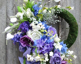 Elegant Floral Wreath, Spring Swag, Easter Decor, Everyday, Front Porch, Victorian Garden, Country French, Designer, Purple, Lilacs, Moss