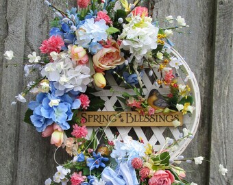 Elegant Spring Wreath, Easter Decor, Pastel Floral, Designer, Victorian, Garden, Hydrangea, Front Porch, Tobacco Basket, Blue, Peach, Robins