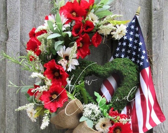Patriotic Wreath, American Flag, Memorial Day, 4th of July, Elegant Floral, Poppies, Garden, Moss Heart, Front Porch, Funeral, Military