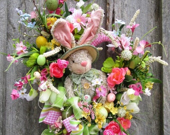 Bunny Wreath, Easter Bunny Decor, Whimsical, Victorian Rabbit, Spring Floral, Children's Easter, Garden, Pink, Green, Yellow, Eggs, Tulips