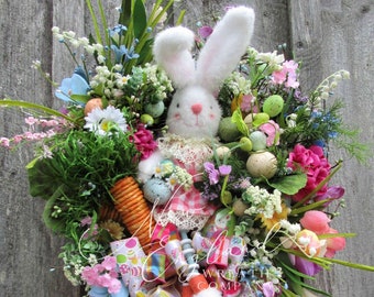 Bunny Wreath, Whimsical, Victorian Rabbit, Easter Swag, Spring Floral, Nursery Decor, Garden, Pink, Blue, Yellow, Baby Shower, Gift, Tulips