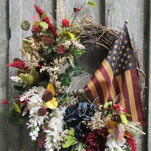 Patriotic Floral Wreath, Elegant Fall Decor, Tea Stained Flag, Military, Funeral, American Flag, XL. Designer, Front Porch, Americana