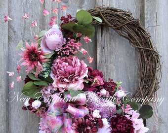 Valentine Wreath, Elegant Heart Decor, Burgundy, Designer Floral, Victorian, Garden, Romantic, Wedding, Pink, Mauve, Floral Bow, Upscale