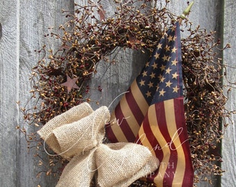 Patriotic Wreath, Americana, 4th of July, Tea Stained Flag, American Flag, Farmhouse, Rustic, Country Decor, Pip Berries, Military, Memorial