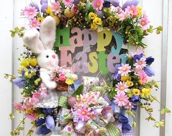 Easter Wreath, XL Bunny Wreath, Spring, Whimsical Decor, XL, Pastel, Eggs, Floral, Garden, Children's Easter, Elegant, Designer, Front Porch