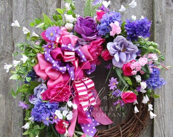 Floral Wreath, Spring, Easter Decor, Elegant, Designer, Luxury, Upscale, Front Porch, Everyday, Vibrant, Hot Pink, Purple, Lilacs, Roses