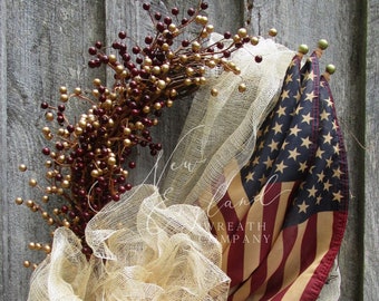 Americana Wreath, Memorial Day, Patriotic Front Porch, 4th of July Decor, Farmhouse, Military, Tea Stained Flag, Rustic, Country, Primitive
