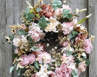 Floral Wreath, Spring, Easter Decor, Elegant, Designer, XL, Luxury, Upscale, Victorian Garden, Everyday, Country French, Pink, Peonies