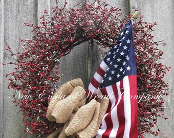 Patriotic Wreath, American Flag, 4th of July, Farmhouse, Military, Veteran, Memorial, Country Decor, Front Porch, Pip Berry, Rustic, Summer