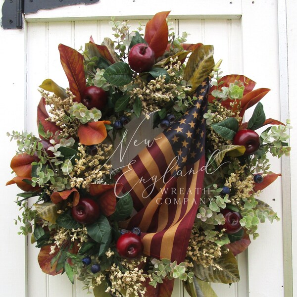 Patriotic Wreath, Williamsburg, Memorial Day, July 4th, Farmhouse Porch, Tea Stained Flag, Military, Americana, Apples, Summer Front Door