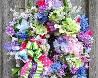 Floral Spring Wreath, Easter Front Door, Everyday, Elegant, Hydrangea, Peonies, Country French, XL, Garden, Designer, Front Porch, Vibrant