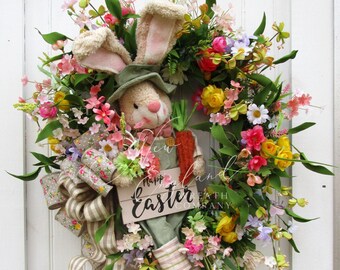 Easter Wreath, Whimsical Rabbit, XL Easter Bunny Decor, Spring Front Porch, Woodland Garden, Rustic Floral, Country Cottage, Wildflowers