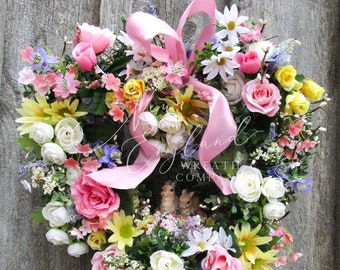 Elegant Bunny Wreath, Floral Easter, Easter Bunny, Heart, Victorian Decor, Garden, Country French, Pink, Yellow, Roses, Nursery, Baby Shower