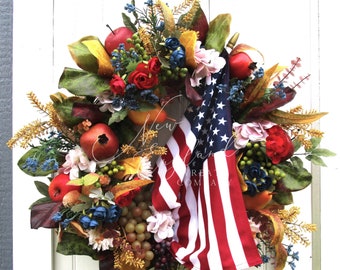 Patriotic Wreath, Williamsburg, Memorial Day, July 4th, Fruit, Americana, Summer Front Porch, Colonial Decor, Elegant Floral, American Flag