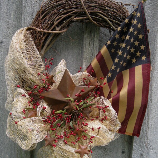 Americana Wreath, Patriotic Wreath, Fourth of July, Tea Stained Flag Wreath