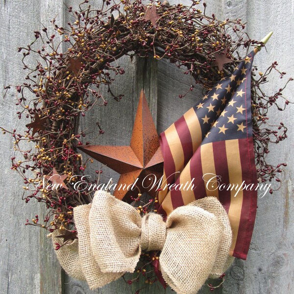 Americana Wreath, Patriotic Wreath, Fourth of July Wreath, Memorial Day Wreath, Veteran's Day , Rustic Patriotic Wreath, Tea Stained Flag