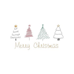 以下が含まれることがあります： 白い背景に、さまざまなスタイルと色で刺繍された4本のクリスマスツリー。それぞれ星が飾られています。「Merry Christmas」の文字が、木の下に金色の糸で刺繍されています。