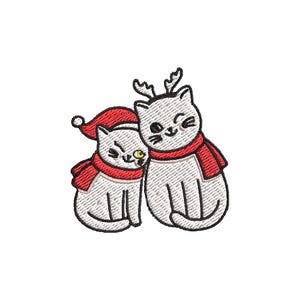 May include: An embroidered design featuring two white cats. One cat wears a red Santa hat and scarf, the other has reindeer antlers and a red scarf. Both cats have smiling faces and are set against a white background.