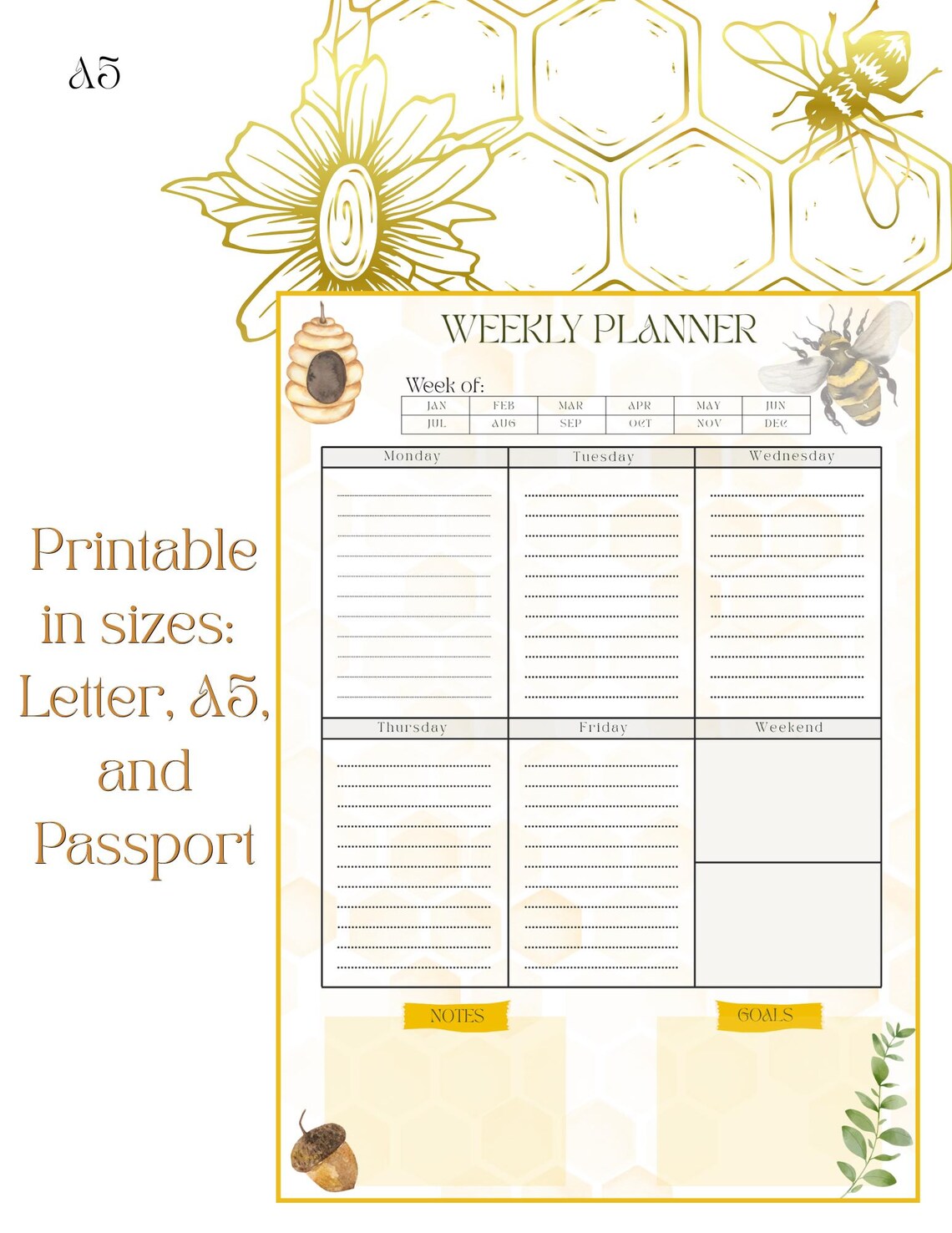 Vintage Bee Weekly Planner Printable | Hourly Schedule (A5, Letter ...